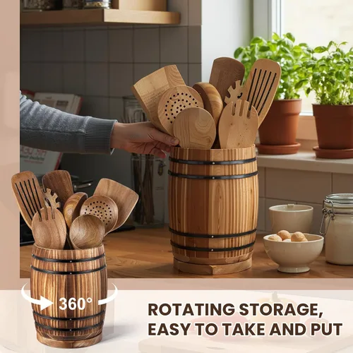 Miniatura 7 de Honeydak Soporte de utensilios de madera para encimera de cocina, diseño de barril de vino giratorio de 360°, organizador de recipiente