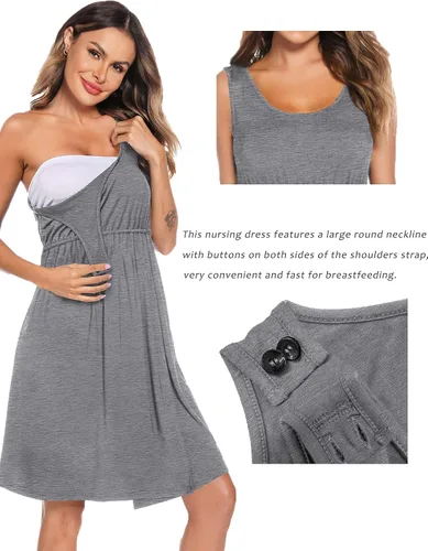 Miniatura 2 de SWOMOG Batas de enfermería Vestido de maternidad de 2 piezas camisón para lactancia materna 3 en 1 Hospital parto Albornoz de lactancia Vestido
