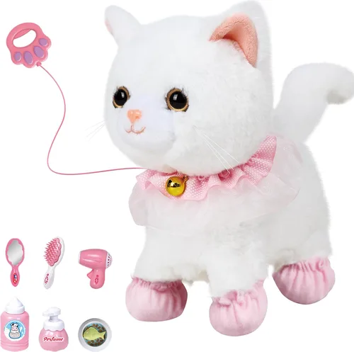 Jimate Juguete electrónico interactivo de peluche robot que camina y ladra, gato de peluche con control remoto para niñas (gato blanco)