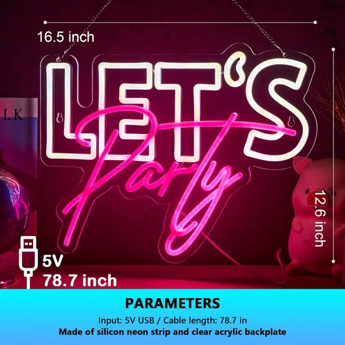 Miniatura 5 de Letrero de neón con texto en inglés "Let's Party", para decoración de pared, decoración de fiesta, luces LED de neón regulables por USB