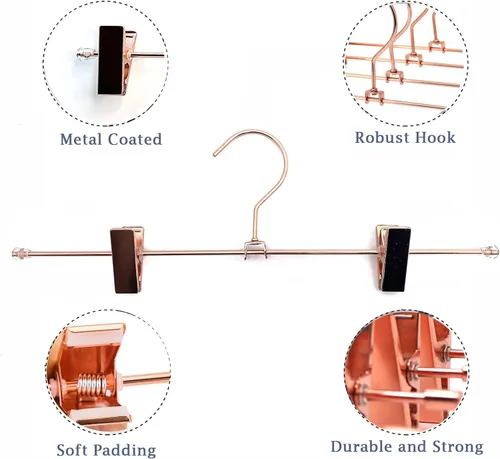 Miniatura 6 de Perchas de ropa para pantalones de oro rosa de 13.8 pulgadas, paquete de 10 perchas para pantalones con clips de metal para pantalones, ganchos