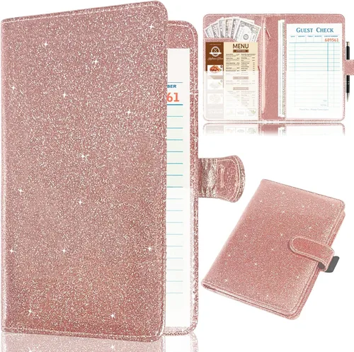 Libreta para camarera, organizador de cuero con bolsillo con cremallera, cartera de dinero para camarera brillante y soporte para bolígrafos, Oro