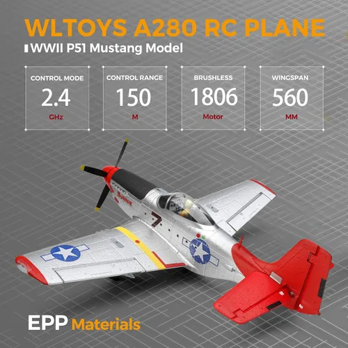 Miniatura 2 de CKYSCHN WLtoys XK A280 Avión RC, avión RC P51 Mustang de 4 canales con luces, aviones RC sin escobillas 6G/3D, avión de control remoto 2.4G, aviones