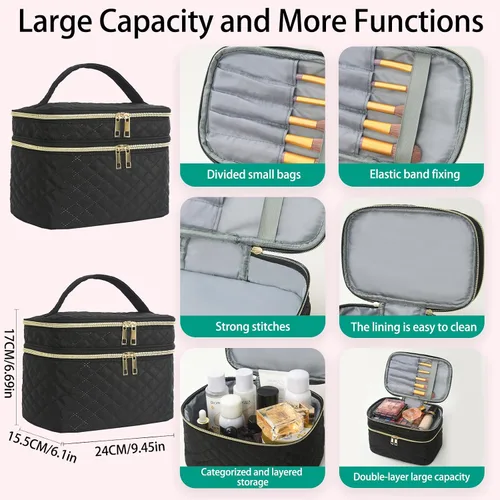 Miniatura 3 de Bolsa de maquillaje de viaje para mujer, estuche grande para cosméticos, resistente al agua, organizador para guardar artículos de tocador, A-Negro