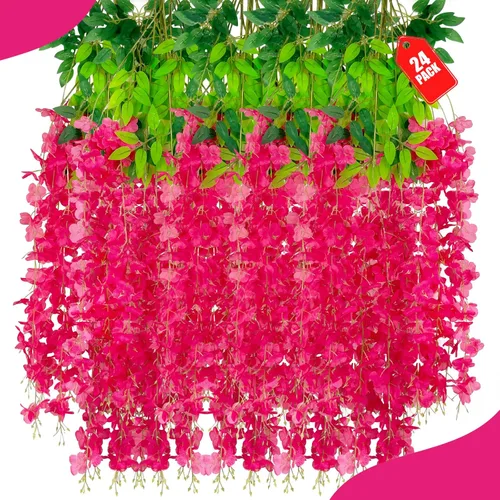 Miniatura 18 de Paquete de 12 flores colgantes de glicina rosa, flores colgantes falsas de 3.44 pies, guirnalda de glicina artificial para decoración de boda, telón