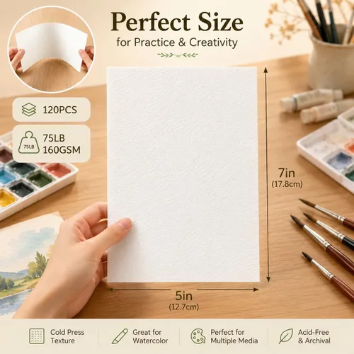 Miniatura 2 de Fyess 120 piezas de papel de acuarela 100% algodón prensado en frío blanco de 160 libras, papel para dibujo a granel para estudiantes y artistas