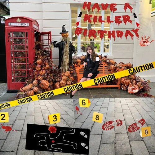 Miniatura 3 de Kit de decoración de escena del crimen de Halloween, cartel de cumpleaños con texto en inglés "Have a Killer", silueta corporal, cinta de escena