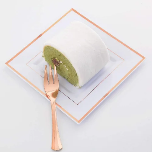 Miniatura 2 de WDF 86 platos de postre de oro rosa de 6 pulgadas con 86 tenedores desechables de 5 pulgadas, elegantes platos de plástico cuadrados para el día