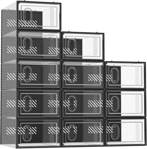 SIMPDIY Almacenamiento de zapatos, paquete de 12 organizadores de zapatos para armario, cajas de zapatos apilables de plástico transparente con Negro