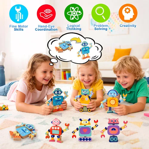 Miniatura 2 de Juego de bloques de construcción de robot de madera a presión, juguete Montessori STEM para desmontar, 33 piezas de juguete de aprendizaje