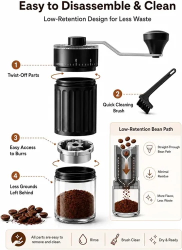 Miniatura 6 de Molinillo de café manual con rebabas de cerámica, 40 ajustes ajustables para expreso, V60, verter, campamento y viajes