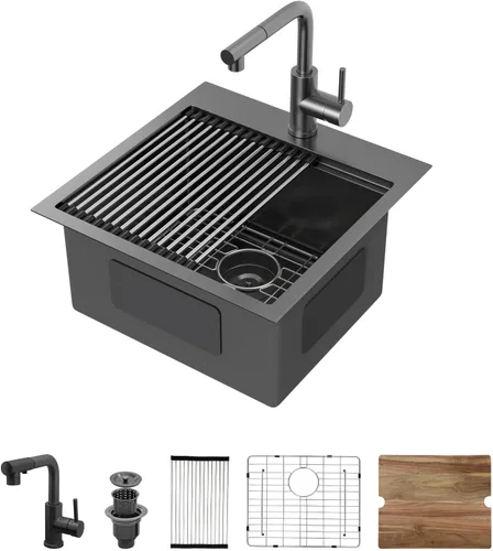 Miniatura 10 de Fregadero de cocina de 25 pulgadas, fregadero de un solo cuenco, color negro mate, calibre 18, 25 x 22 pulgadas, acero inoxidable, montaje superior