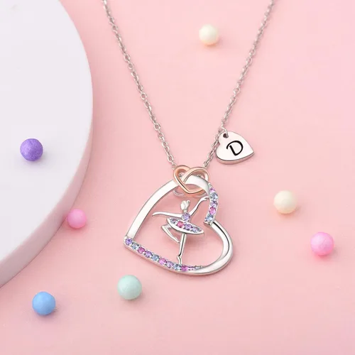 Miniatura 3 de ACJNA Ballerina Necklace - Sterling Silver - Dance Necklaces for Girls Initial Letter Ballet Jewelry Pendant Rainbow Colorful CZ Heart Silhouette