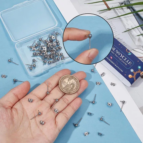 Miniatura 3 de SUNNYCLUE 1 caja, 80 unidades, 20 pares de aretes de bola, aretes de acero inoxidable 304 con lazo de 0.157 pulgadas para hacer joyas, accesorios