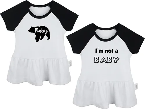 Pack of 2, Baby Bear & I'm Not A Baby Funny Print Dresses, Newborn Infant Baby Girls Princess Dress, Cute Ruffle