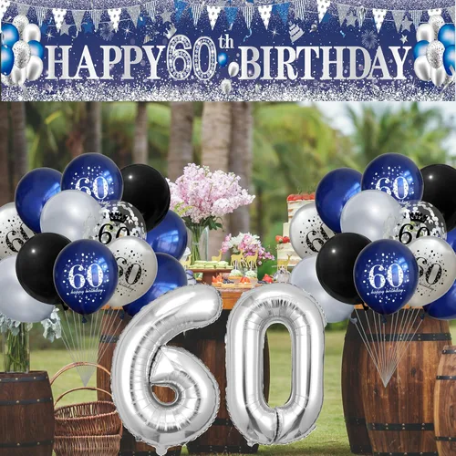 Miniatura 7 de Decoraciones de fiesta de cumpleaños 60, azul marino, plateado, pancarta de feliz cumpleaños 60 con 61 globos de látex, globos de aluminio