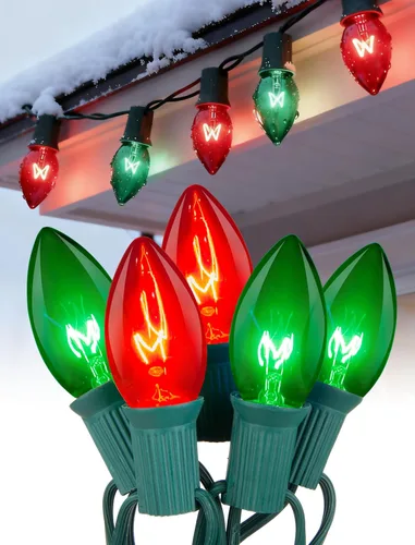 Miniatura 10 de Luces de Navidad C9 rojas y blancas de 25 pies, cadena de luces de Navidad C9 impermeables con 26 bombillas rojas y blancas, luces de Navidad Luz