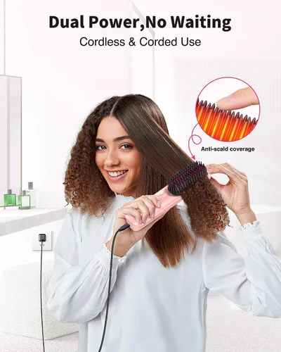 Miniatura 8 de Cepillo alisador de cabello inalámbrico, cepillo portátil para alisar el cabello para viajes, iones negativos de 984.3 ft para brillo sin