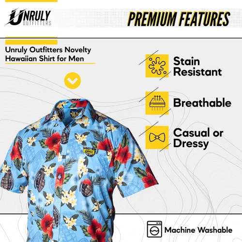 Miniatura 2 de Unruly Outfitters Camisa hawaiana para hombre, diseño de granadas azules con botones, divertidas camisas con armas de flores con pistolas