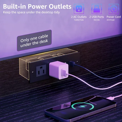 Miniatura 4 de Escritorio pequeño para juegos de 40 pulgadas con estantes de tablero de clavijas, escritorios para computadora con luces LED, tomas de corriente