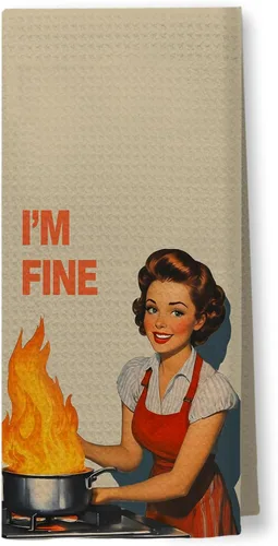 Miniatura 11 de Toallas de Cocina Divertidas "I'm Fine", Toallas Decorativas de Cocina y Té Estilo Ama de Casa Retro de los 50s, Toallas de Mano de Humor Sarcástico