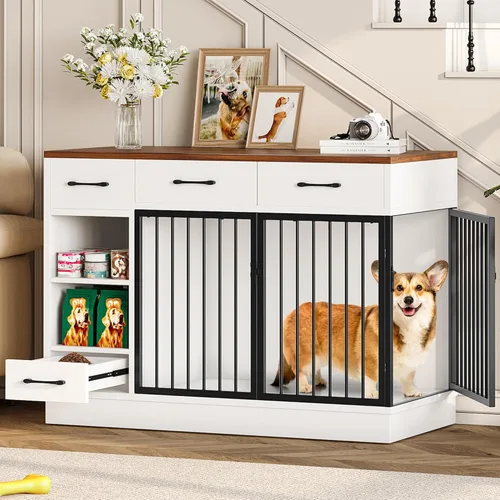 Jaula para perros con comedero oculto y 3 cajones de almacenamiento - Jaula de madera para perros de 47.2" para interiores con estante ajustable,