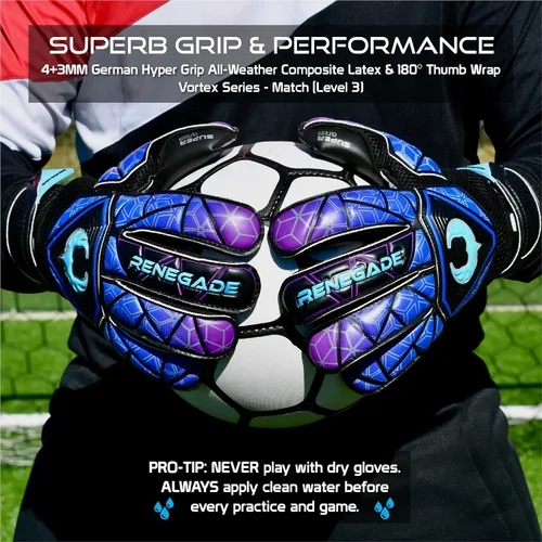 Miniatura 4 de Renegade GK Vortex - Guantes de portero con protector microbiano (tallas 6-11, 3 estilos, nivel 3) Hyper Grip de 3.5+0.118 in y súper malla
