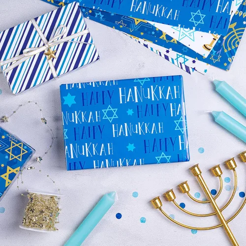 Miniatura 7 de RUSPEPA Hojas de papel de regalo de Hanukkah, estrella de David, menorá, feliz Hanukkah y diseño de rayas, papel de regalo azul y dorado