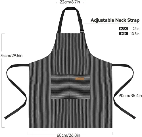 Miniatura 2 de NLUS Paquete de 2 delantales de cocina ajustables con babero, delantal de chef suave con 2 bolsillos para hombres y mujeres (rayas negras)