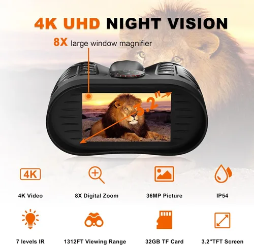 Miniatura 2 de Gafas de visión nocturna 4K para niños, prismáticos de visión nocturna a todo color de 36 MP Zoom 8X 850 nm Stealth IR para observación negra