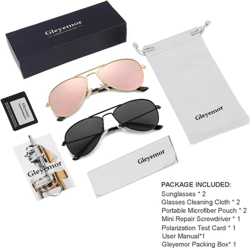 Miniatura 193 de Gleyemor Lentes de sol polarizados estilo aviador para niños y niñas, jóvenes, adolescentes, dos tamaños de 1.969 in y 2.047 in