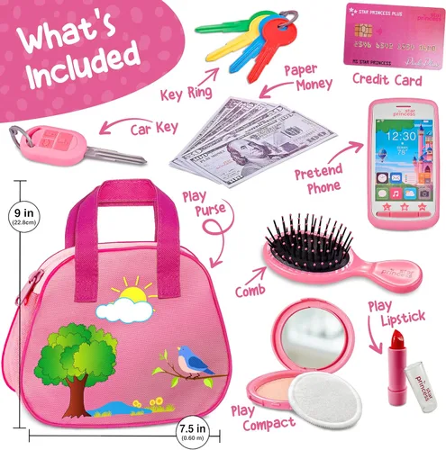 Miniatura 2 de Bolso de Juego para Niños Pequeños con Accesorios, Juguetes para Niñas con Maquillaje de Juguete, Llaves, Teléfono Inteligente, Bolso de Juguete