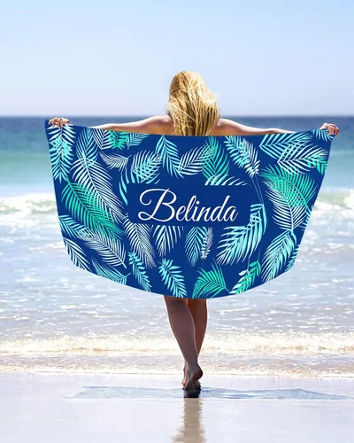 Toalla de playa personalizada con nombres, bonitas toallas de playa personalizadas de hoja de palma tropical para niños, toalla de playa de