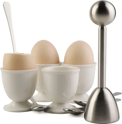 Juego de decoración de galletas de huevo para quitar cáscaras de huevos duros y suaves, incluye 1 cortador de huevos, 4 tazas de huevos de cerámica