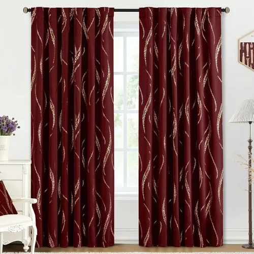 Miniatura 69 de Yakamok Cortinas opacas de 84 pulgadas de largo para sala de estar, con aislamiento térmico, patrón de líneas onduladas doradas, patrón de puntos