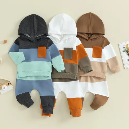 Miniatura 3 de Conjunto de pantalones para bebés y niños, sudadera larga con capucha y bloques de color, conjunto de ropa para otoño e invierno