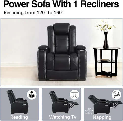 Miniatura 6 de THSUPER Silla reclinable Power Theater de cuero marrón con almacenamiento de brazos y luces LED, reclinable con reposacabezas eléctrico y portavasos
