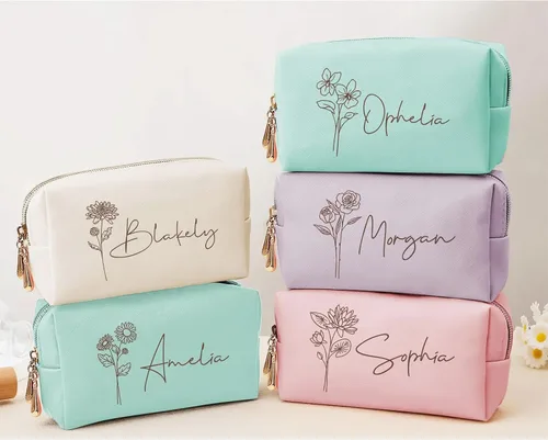 Miniatura 3 de DayOfShe Regalos de despedida de soltera, bolsa de maquillaje personalizada con nombre y flor de nacimiento como regalo de dama de honor, bolsa