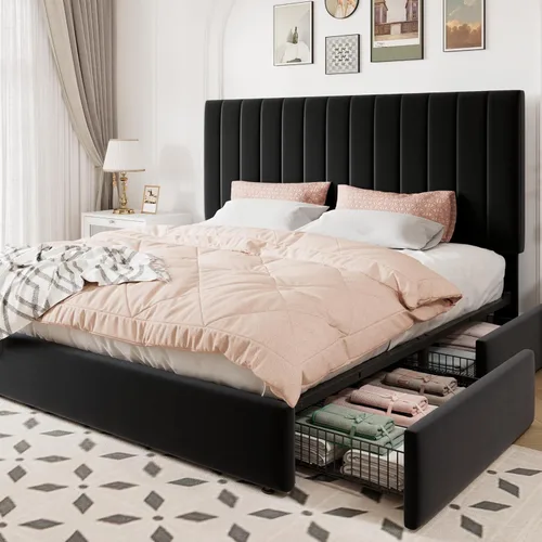 Miniatura 12 de Allewie Base de cama de almacenamiento tamaño completo, cabecera ajustable con canal vertical acolchado, plataforma tapizada de terciopelo con 4