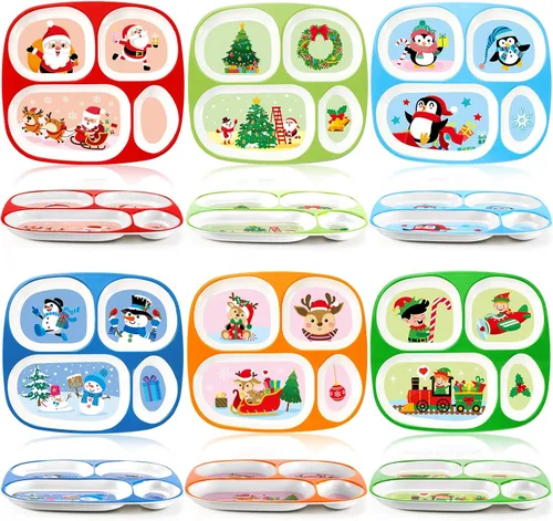 Miniatura 8 de Hushee 6 platos para niños de 9.4 x 8.2 pulgadas para la cena, lindos platos divididos para niños y niñas, platos divertidos de plástico para servir