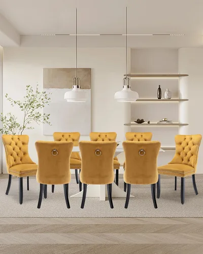 Miniatura 91 de Juego de 2 sillas de comedor de terciopelo tapizadas con ribete de cabeza de clavo y patas doradas chapadas en acero inoxidable para cocina