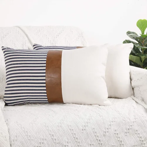 Miniatura 18 de Cygnus - Juego de 2 fundas de almohada de 16 x 16 pulgadas hechas de lino y de la unión de distintas telas con diseño de rayas para decoración Negro