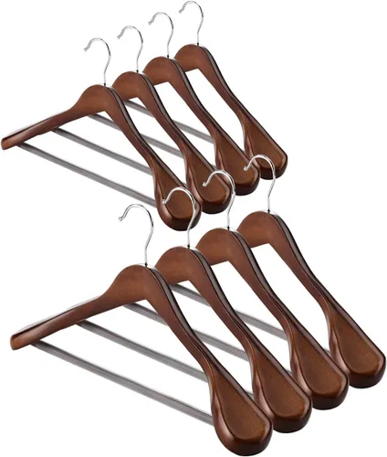 AMKUFO Perchas de Madera de Hombro Ancho Paquete de 8 Perchas para Abrigos con Barra Antideslizante para Pantalones, Perchas de Traje de Servicio