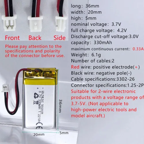 Miniatura 2 de DC 3.7V 330mAh 502035 Batería recargable de polímero de litio, adecuada para productos electrónicos de bricolaje 3.7-5V con reemplazo de batería