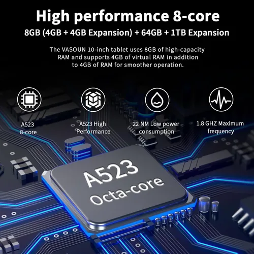 Miniatura 6 de VASOUN Tablet Android 13 de 10 pulgadas, (expansión de 4+4 GB) RAM 64 GB de almacenamiento 2 en 1 tabletas con WiFi 2.4/5G, BT 5.0, funda de cuero