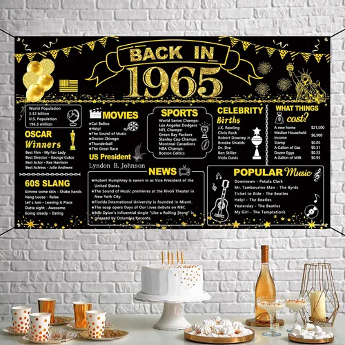 Miniatura 7 de DARUNAXY Decoración de fiesta de 61 cumpleaños negro y dorado, cartel de "Back in 1965" para fiesta de cumpleaños de 61 años, suministros de póster