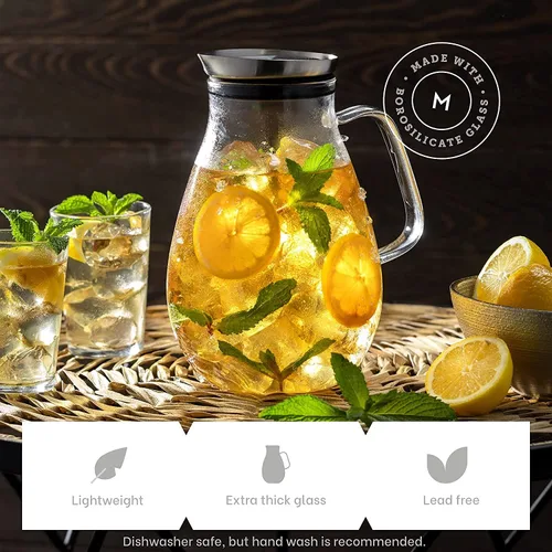 Miniatura 3 de Jarra de vidrio de 84 onzas con tapa de acero inoxidable Hermosa jarra ligera para bebidas con un mango ancho Ideal para bebidas frías