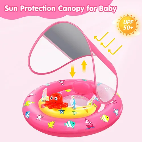 Miniatura 2 de Flotador de piscina para bebé con toldo, flotador inflable de natación para bebés con protección solar UPF50+, flotador de piscina infantil con Rosa