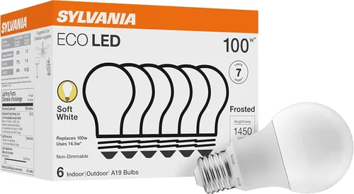 Sylvania ECO - Bombilla LED A19, equivalente a 100 W, eficiente 14.5 W, 7 años, 1450 lúmenes, no regulable, esmerilada, 2700 K, blanco suave,
