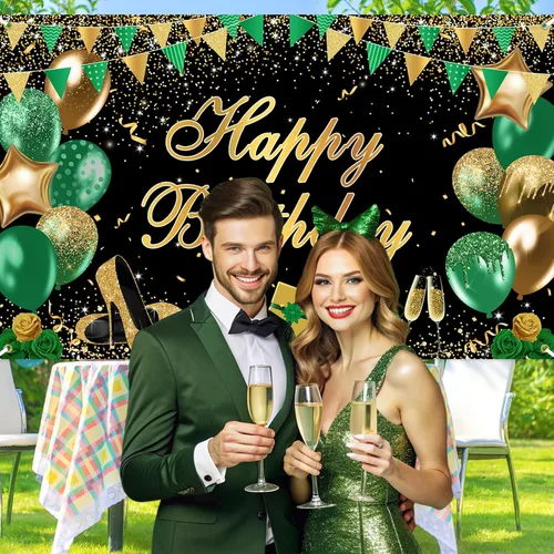 Miniatura 3 de Avezano Cartel verde de feliz cumpleaños verde dorado negro telón de fondo de feliz cumpleaños con purpurina decoración de fiesta de cumpleaños